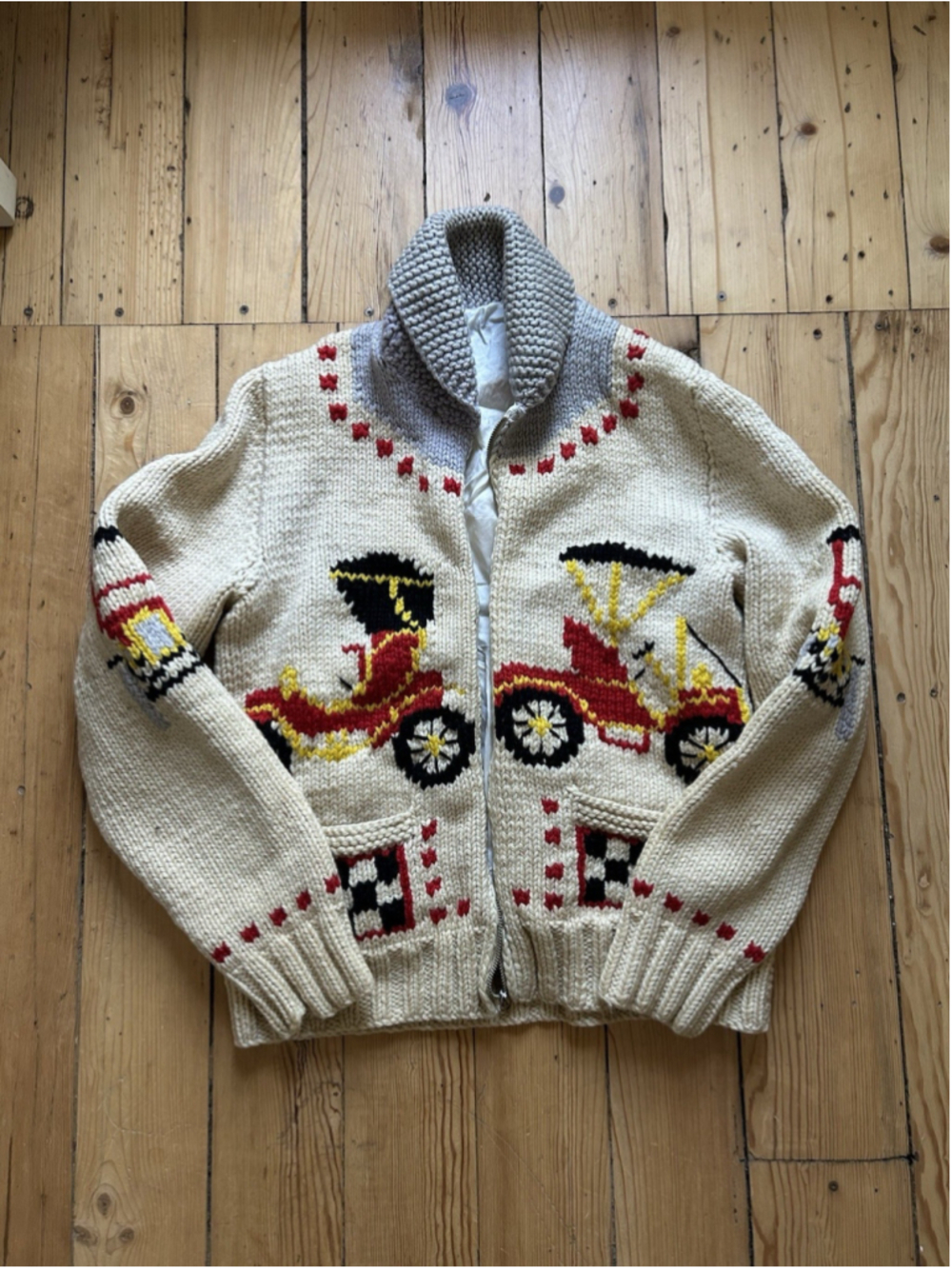 Vintage 80s Cowichan Wool Handsewn Patterned Zip Sweater